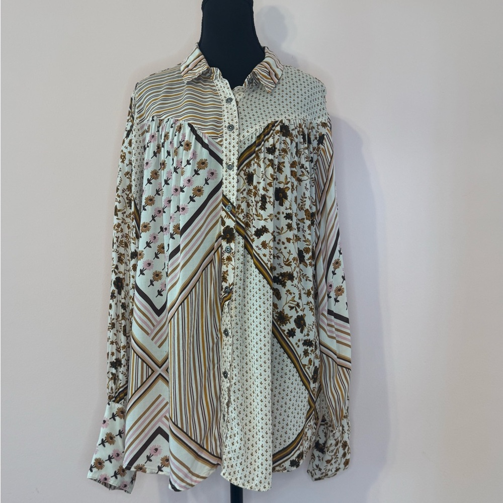 Free People Floral and Striped Button-Up Top.